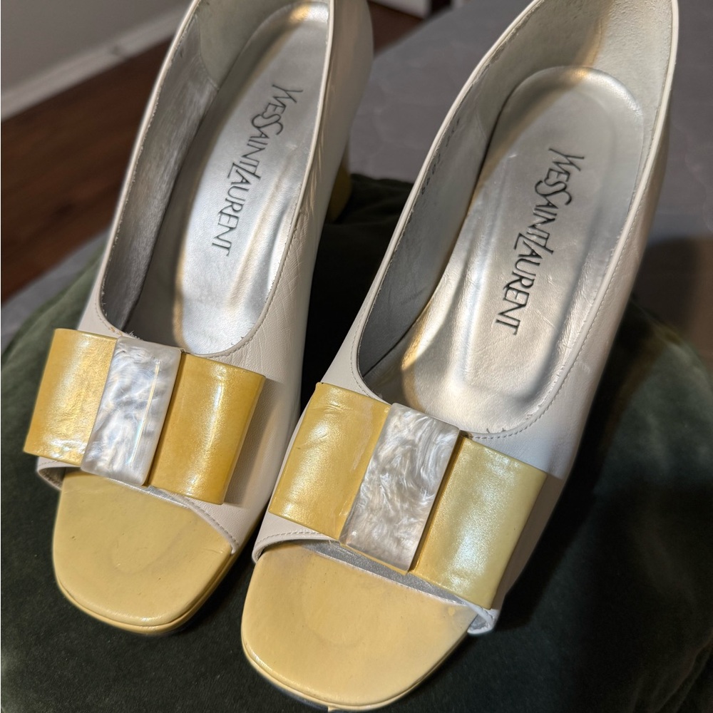Yves Saint Laurent Yellow and Cream Peep Toe Heels